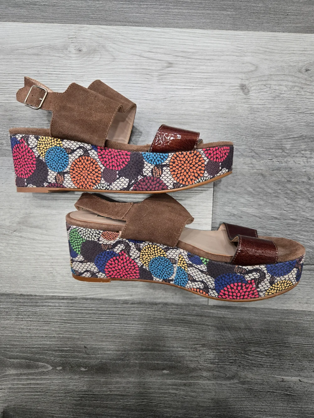 Brown Suede Platform Sandals with Colorful Printed Wedge